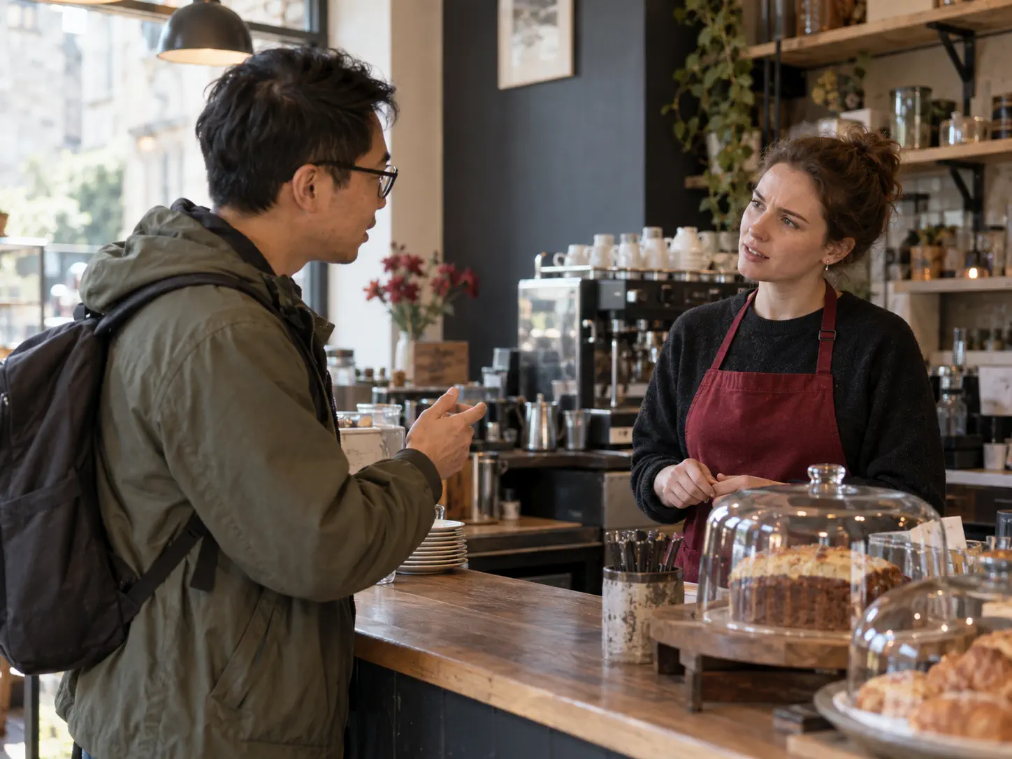 An English café server trying to understand a customer